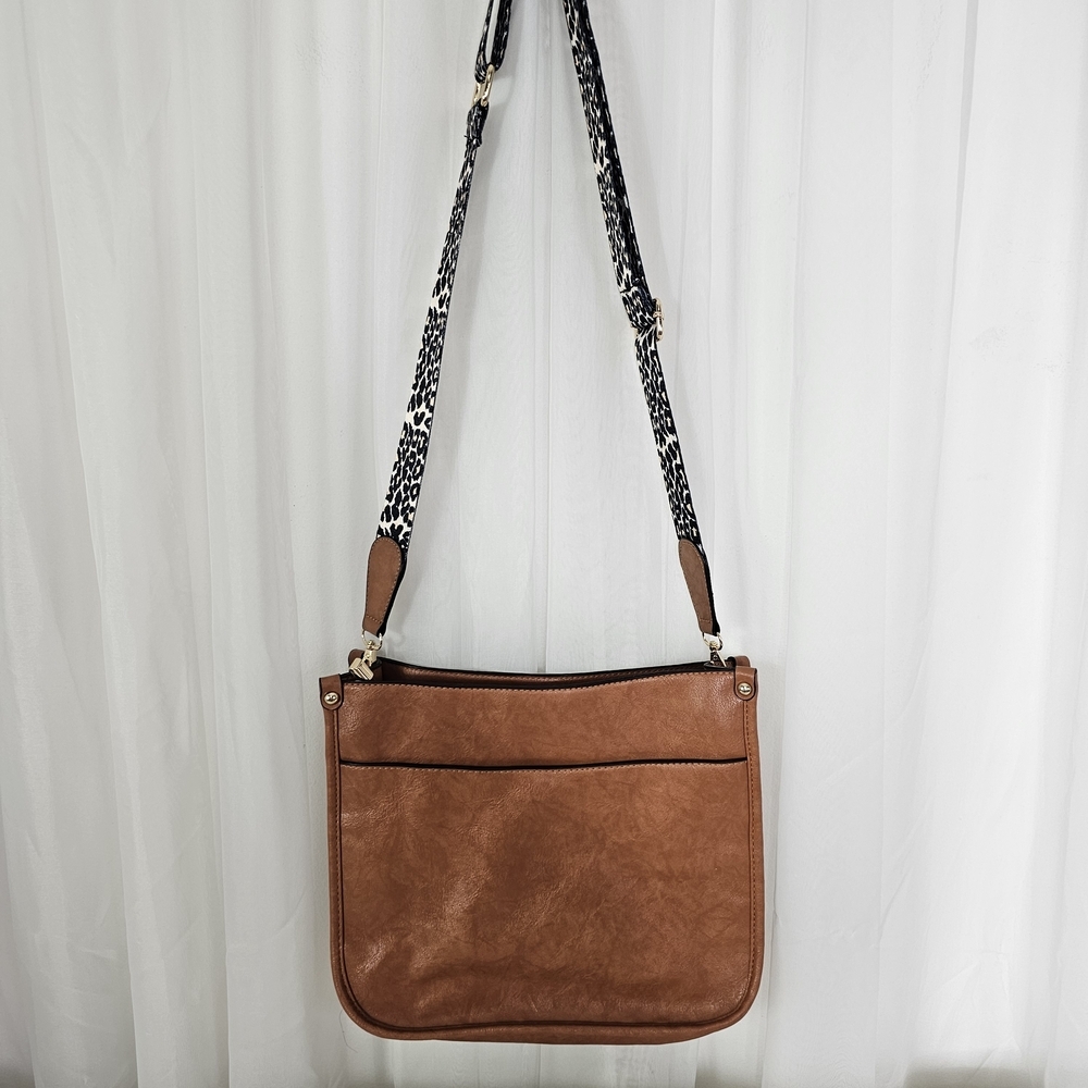 Vegan Leather Crossbody Bag Camel Brown Leopard Strap